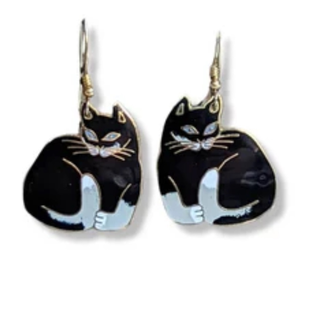 REO White &Black Vintage 80’s/90’s Tuxedo Kitty Gold Tone Hook Dangling Earrings